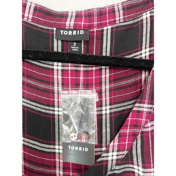 Torrid Womens Plus Dress Sz 2X Red Black Plaid 3/4 Slv V Neck Button Shirt NWT - Picture 6 of 8